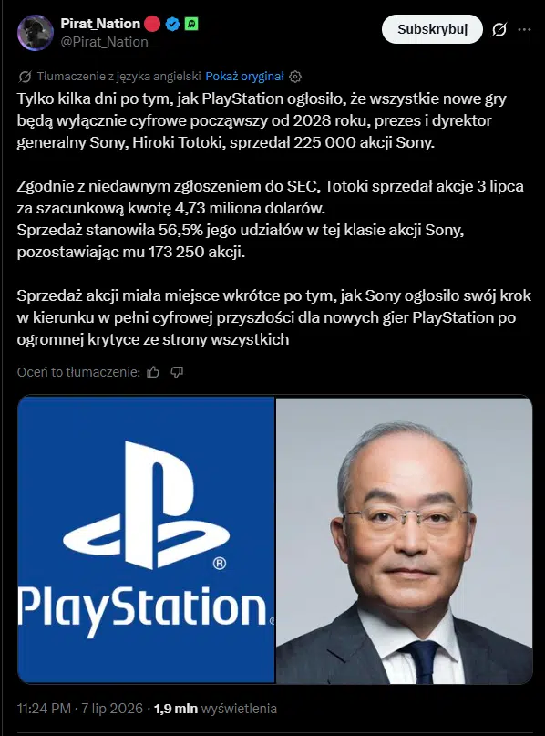 Szef Sony sprzedał większość swoich akcji. Czyżby przeczuwał jak skończy się decyzja o przyszłości Playstation?