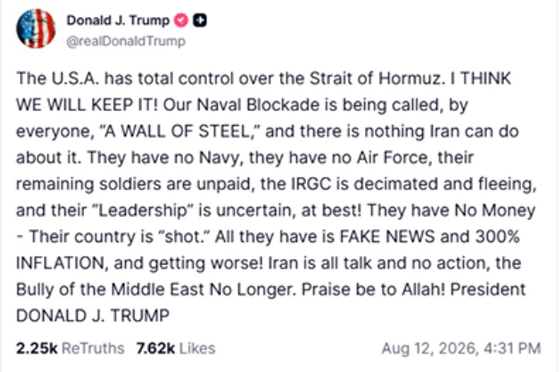Donald Trump boasts of a "wall of steel". He threatens over the Strait of Hormuz