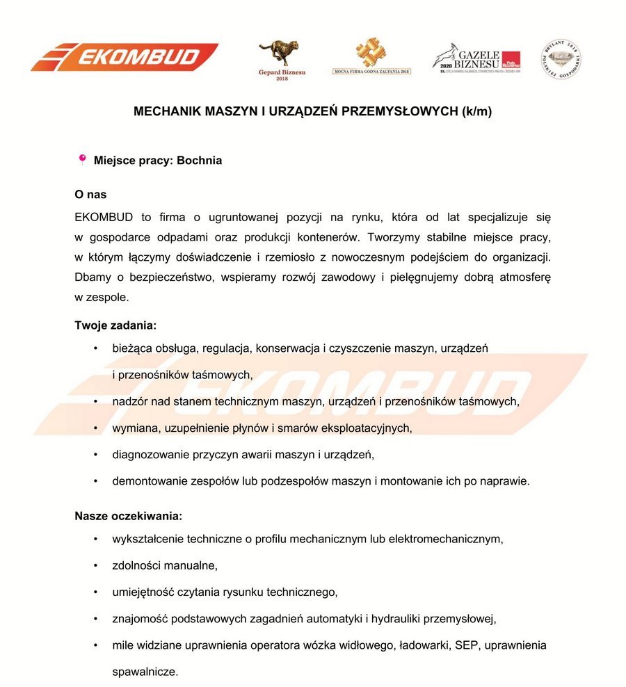🔸 PRACA w EKOMBUD: Mechanik maszyn i urządzeń przemysłowych (K/M)