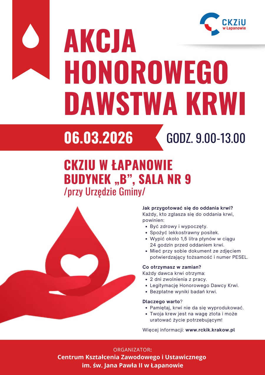 W piątek akcja honorowego krwiodawstwa w CKZiU w Łapanowie