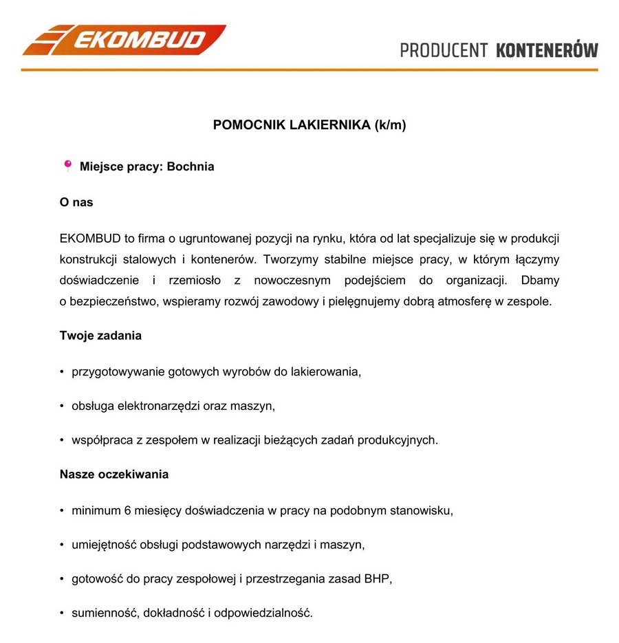 🔸 PRACA w EKOMBUD: Pomocnik Lakiernika (k/m)