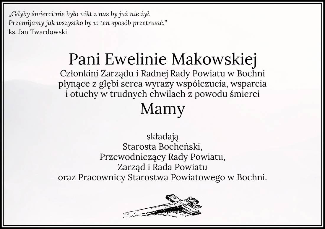 Kondolencje od władz Powiatu, Rady Powiatu oraz pracowników Starostwa Powiatowego