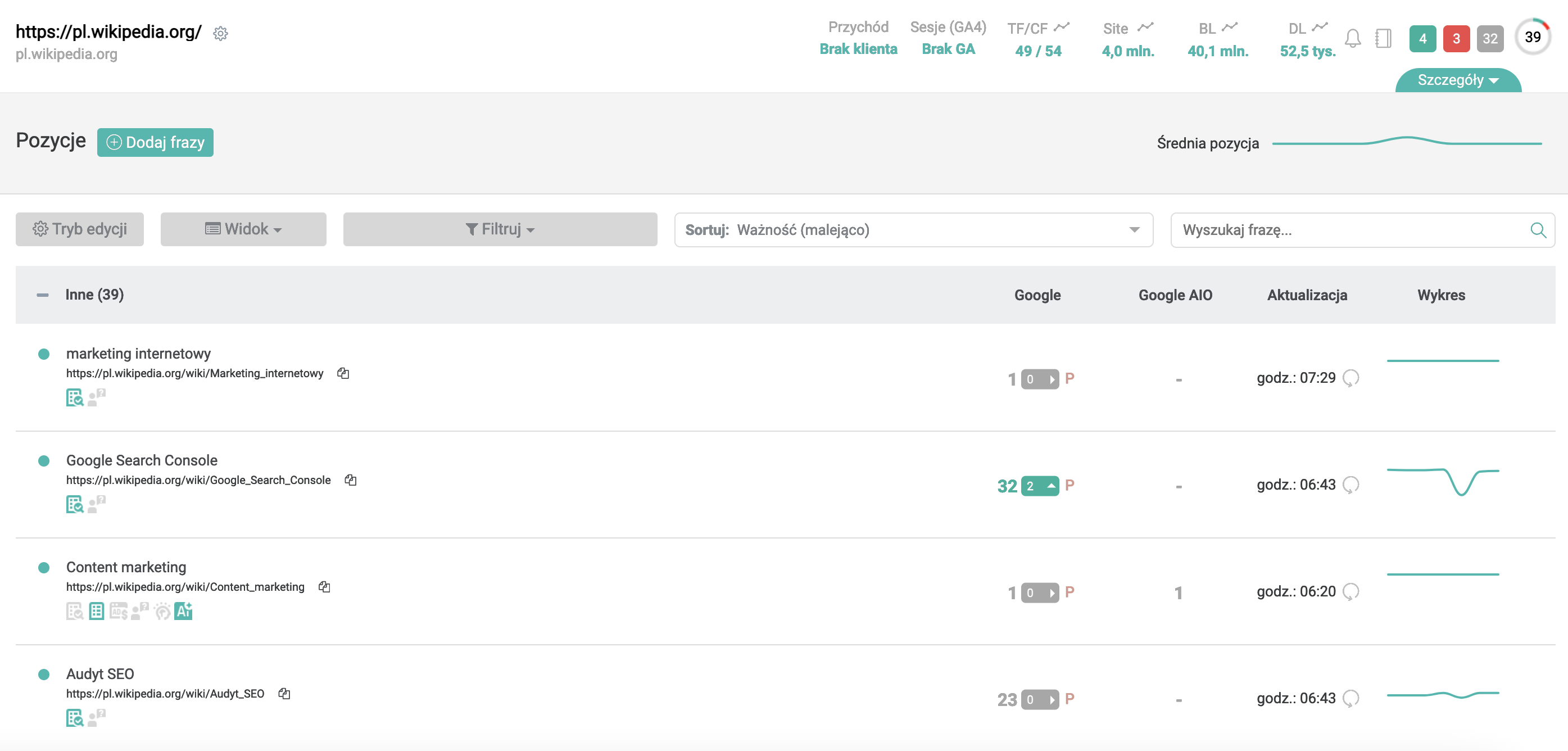 Monitorowanie pozycji w TOP100 Google