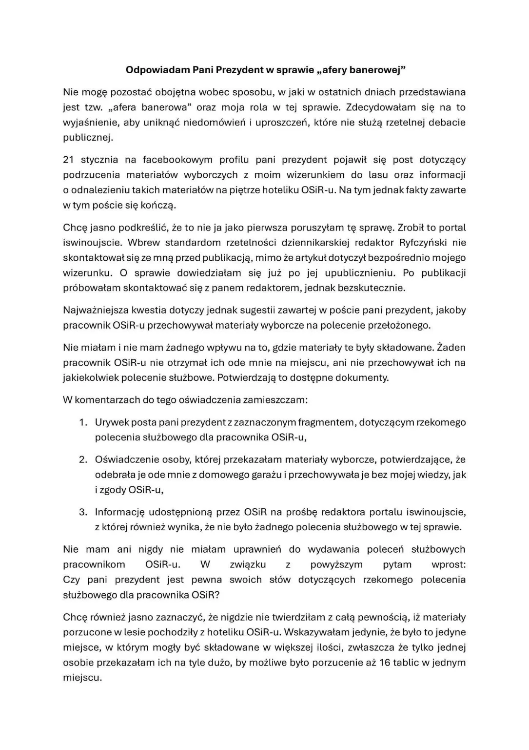 Afera banerowa w Świnoujściu. Dorota Konolewska odpowiada na zarzuty i pyta prezydent miasta wprost