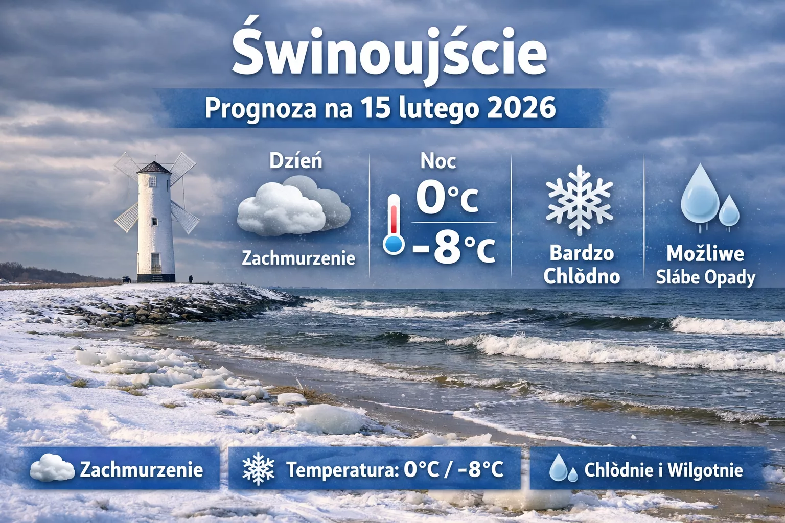 Świnoujście – prognoza pogody na 15 lutego 2026. Zima nad Bałtykiem pokaże swoje chłodne oblicze
