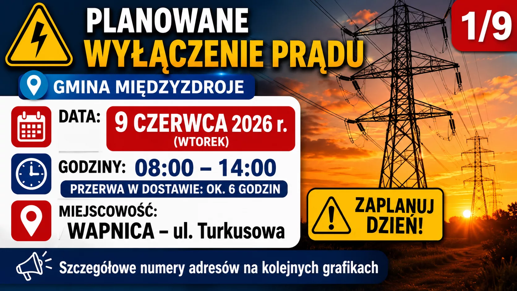 Planowane wyłączenie prądu w Wapnicy. Mieszkańcy ulicy Turkusowej muszą przygotować się na utrudnienia