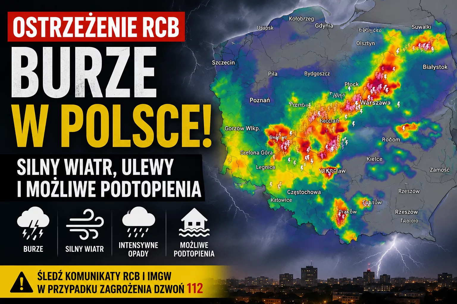 Alert RCB: burze, silny wiatr i ulewy 21–22 czerwca 2026. Jak zachować się bezpiecznie?