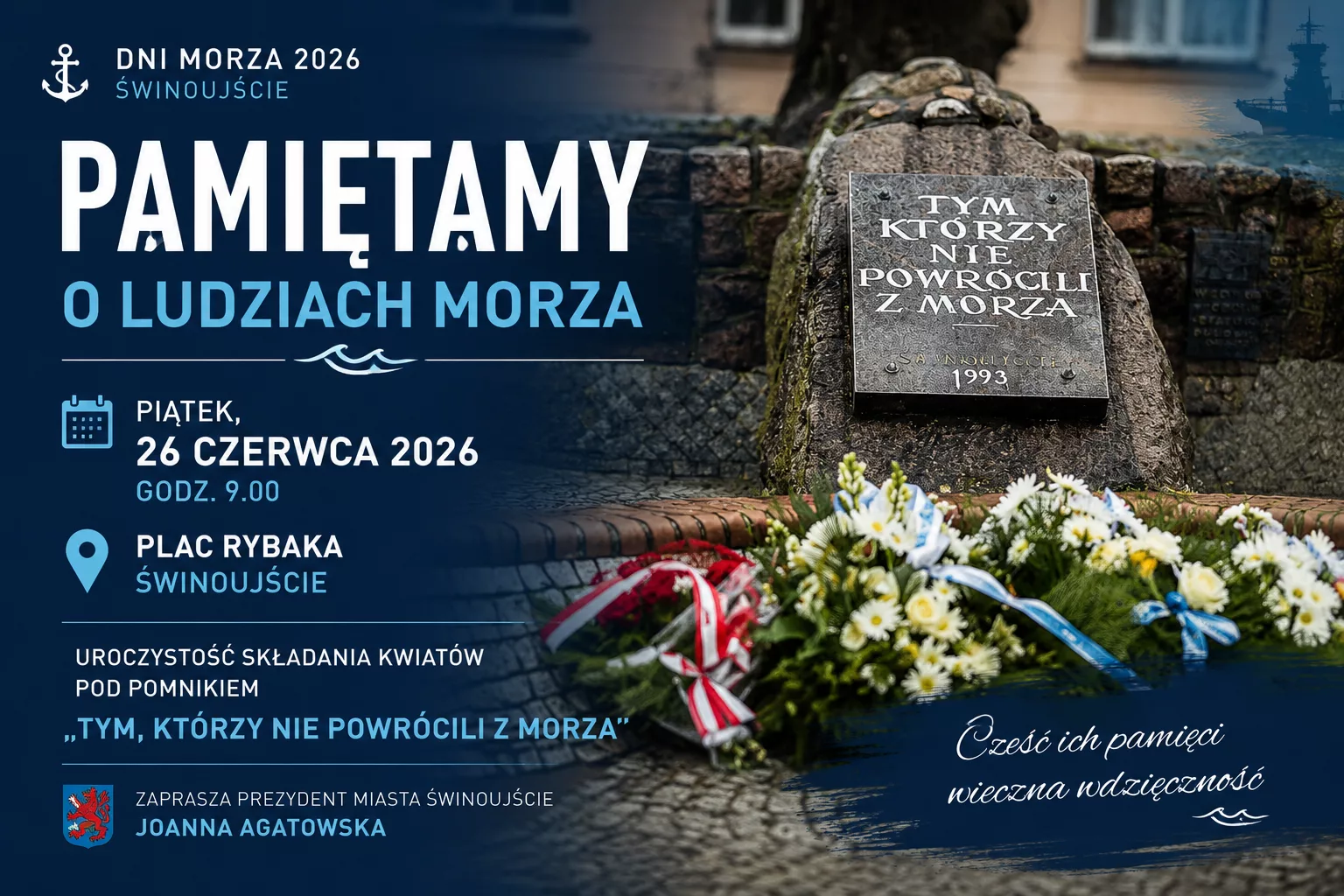 Dni Morza 2026 w Świnoujściu. Uroczystość pod pomnikiem „Tym, którzy nie powrócili z morza”