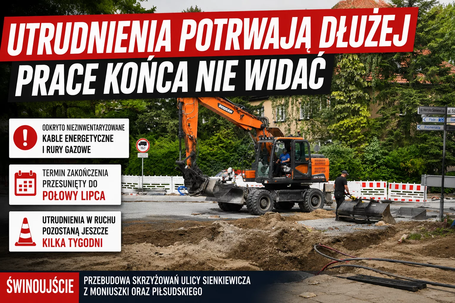 Utrudnienia w Świnoujściu potrwają dłużej. Końca prac na Sienkiewicza przez cały czas nie widać
