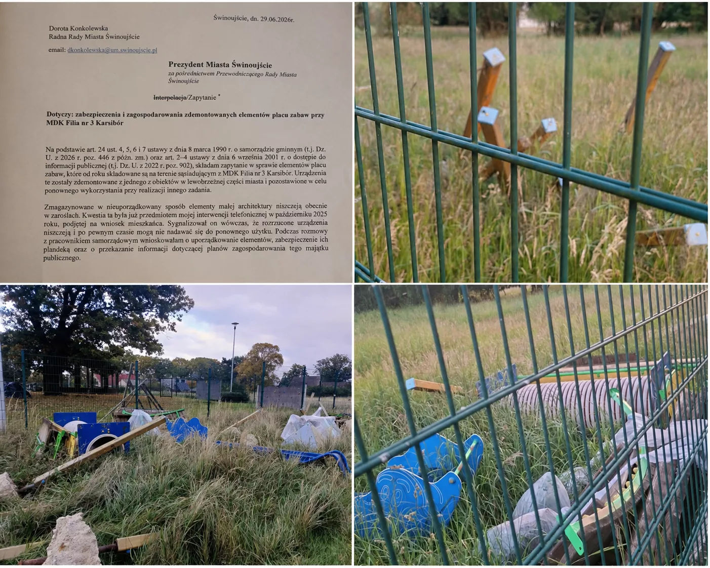 Świnoujście. Zdemontowany plac zabaw od miesięcy niszczeje za ogrodzeniem w Karsiborze