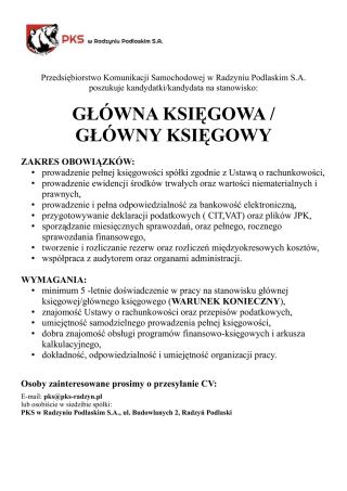 Radzyński PKS poszukuje Głównej Księgowej