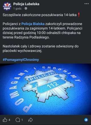 Szczęśliwie zakończone poszukiwania 14-latka, policjanci odnaleźli go w Radzyniu