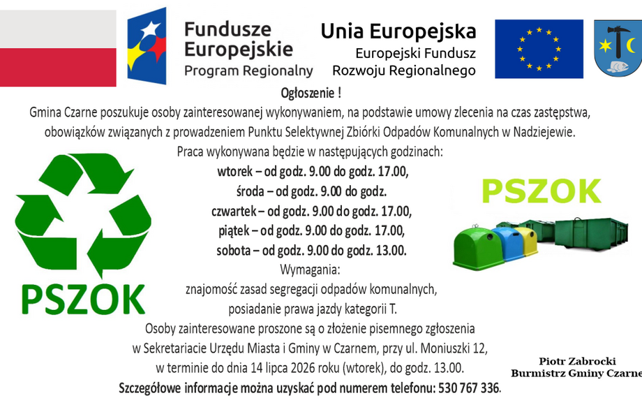 Gmina Czarne zatrudni pracownika na PSZOK w Nadziejewie