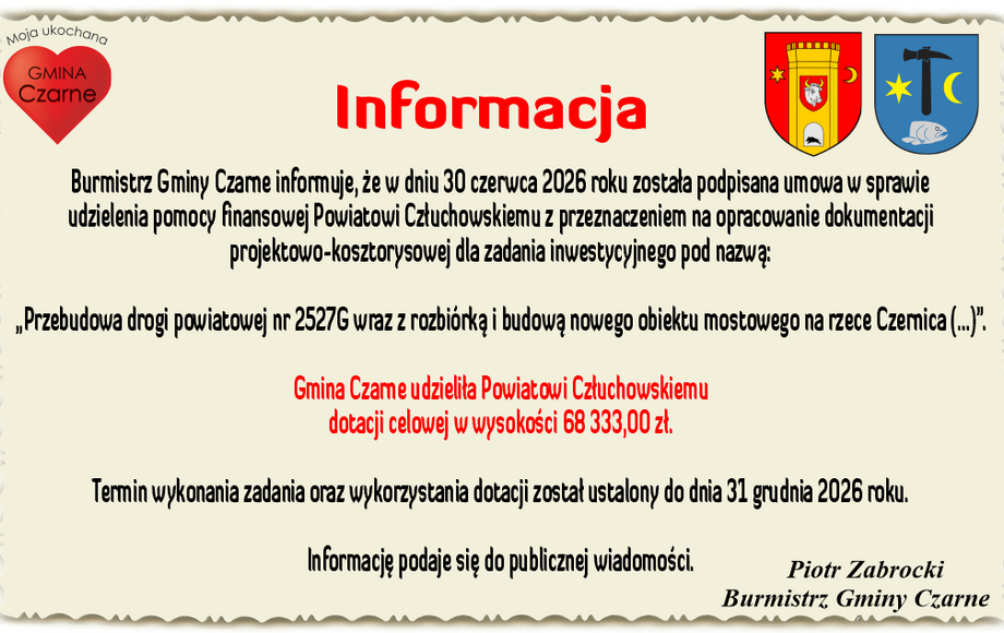 Umowa w sprawie udzielenia pomocy finansowej Powiatowi Człuchowskiemu
