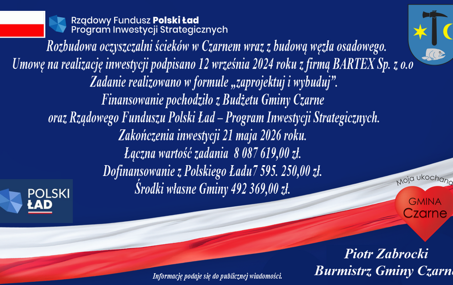 Rozbudowa oczyszczalni ścieków w Czarnem wraz z budową węzła osadowego.