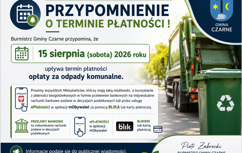 Przypomnienie o terminie płatności ! 15 sierpnia 2026