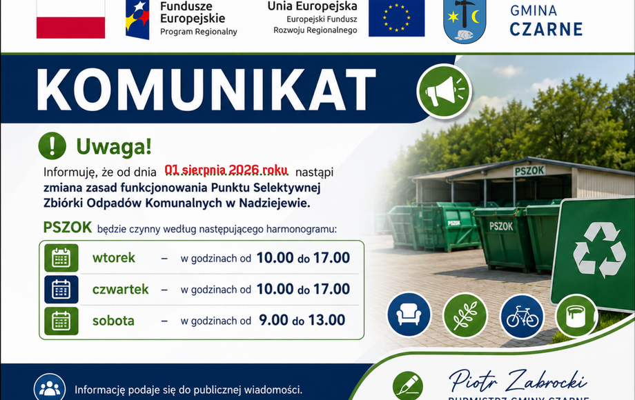 Zmiana zasad funkcjonowania Punktu Selektywnej Zbiórki Odpadów Komunalnych w Nadziejewie.