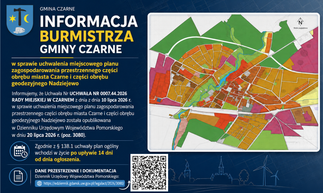 Informacja Burmistrza Gminy Czarne w sprawie uchwalenia miejscowego planu zagospodarowania przestrzennego.