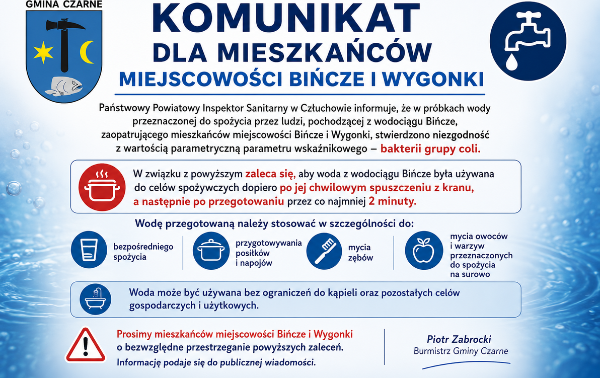  Komunikat dla Mieszkańców miejscowości Bińcze  i Wygonki.
