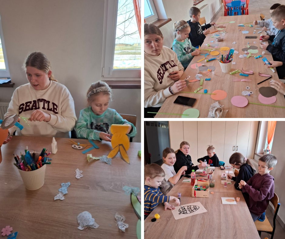 Zajęcia tematyczne w świetlicy w Sławkowie pt. „Wesołe zajączki i malowane pisanki”.