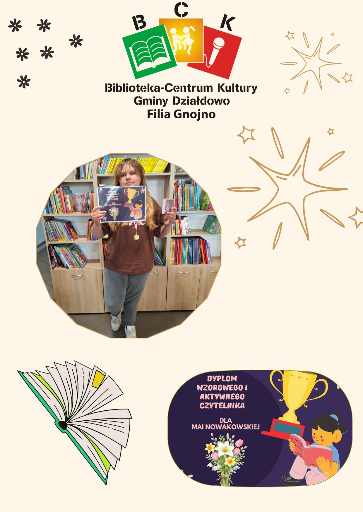 Dyplom wzorowego czytelnika w bibliotece w Gnojnie