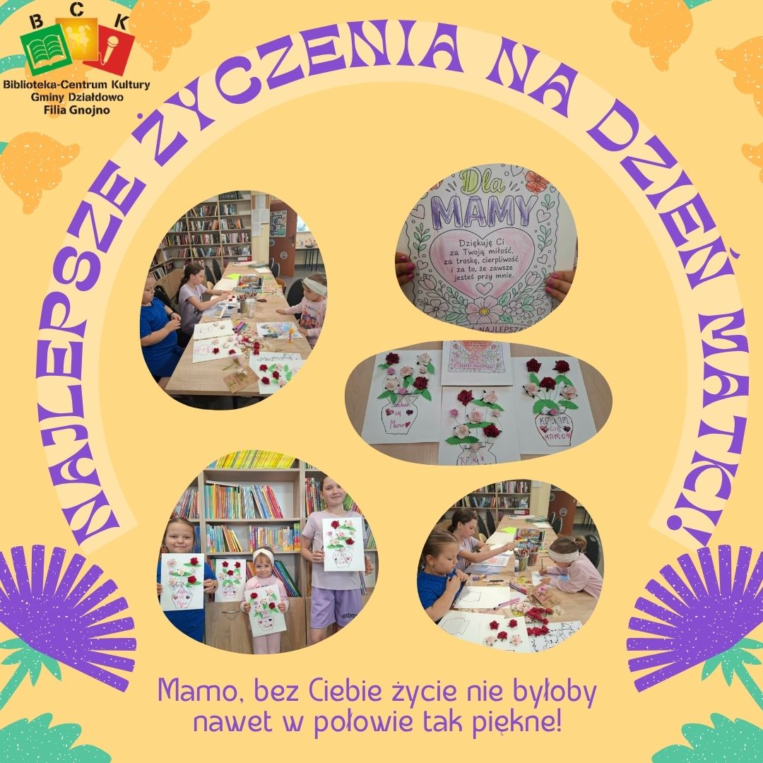 Zajęcia plastyczne z okazji Dnia Matki w bibliotece w Gnojnie